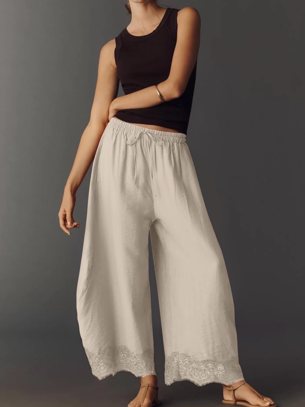Cream barrel Wide-Leg lace Hem Pants - Cream